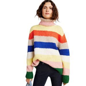 Anthropologie Women Small Gloria Rainbow Stripe Chunky Knit Turtleneck Sweater